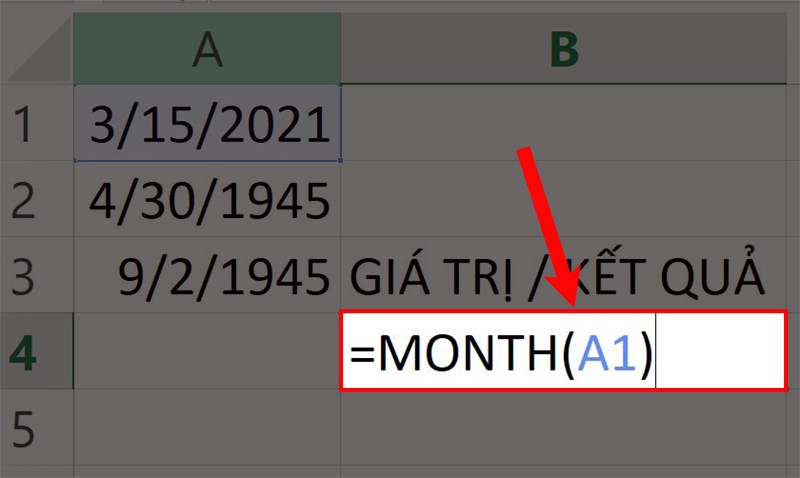 Nhập hàm =MONTH(A1) vào ô bạn cần trên bảng tính.